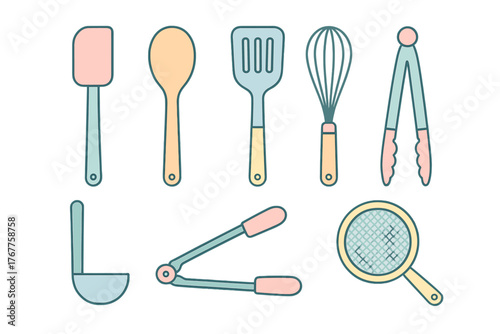 Essential kitchen utensils set including spatula whisk ladle and tongs in pastel colors