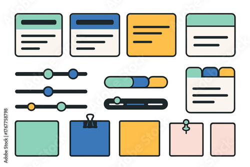 Modern user interface elements kit for web design prototyping including cards and sliders