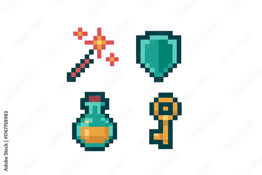 Obraz premium Set of four retro pixel art style fantasy items: magic wand, shield, potion, key