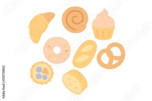 Assortment of sweet and savory baked goods including croissant donut pretzel and bread
