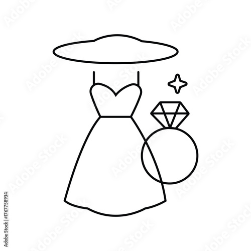 Elegant Dress, Bridal Dress, Line Art Wedding Dress with Hat, and Diamond Ring 