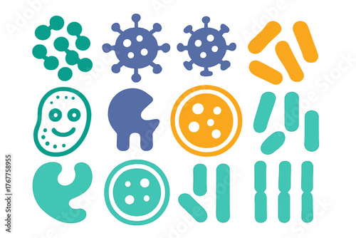 Colorful abstract set of microscopic germs, bacteria, and viruses representing various pathogens and microbes