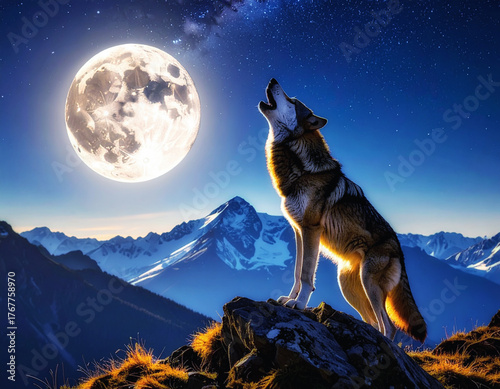 Lobo solitario aullando bajo la luna llena en la cima de una montaña nevada, bajo la luz nocturna con cielo estrellado. Escena salvaje concepto de libertad, fuerza y conexión con la naturaleza