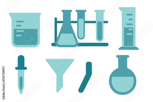 Essential chemistry laboratory equipment set including beakers test tubes flasks pipette and funnel
