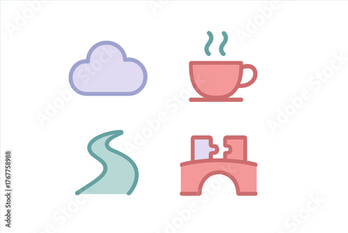 Minimalist outline symbols representing weather, beverage, travel, and connection concepts