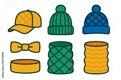 Colorful collection of winter knit hats baseball cap bow tie and warm neck scarves