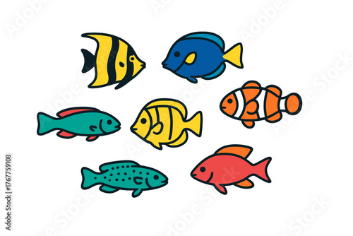 Colorful tropical fish and marine animals icon collection on white background
