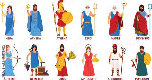 Greek mythology characters, ancient gods, cartoon illustration, Zeus, Athena, Poseidon, Hades, Aphrodite, Olympus deities, educational vector, mythological figures