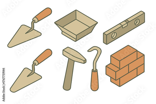 Set of professional masonry tools and construction building materials in isometric view