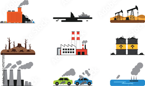 Pollution sources illustration, environmental damage, air contamination, deforestation impact, hazardous waste, fossil fuel extraction, climate crisis, vector design, awareness concept