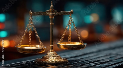 Elegant justice scales resting on a modern laptop keyboard symbolize digital law, online legal services, and equitable technology solutions for your business