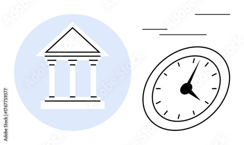 Government building with pillars and a fast-moving analog clock symbolizing urgency. Ideal for governance, time management, policy making, deadlines, legal systems, bureaucracy, and public service