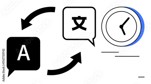 Speech bubbles with A and a foreign character connected by arrows, paired with a clock, representing translation, communication, and efficiency. Ideal for translation, communication, time management