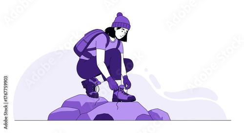 Adventurous Hiker Preparing For Mountain Climb, Tying Boot Laces, Ready To Trek, Hiking Trails