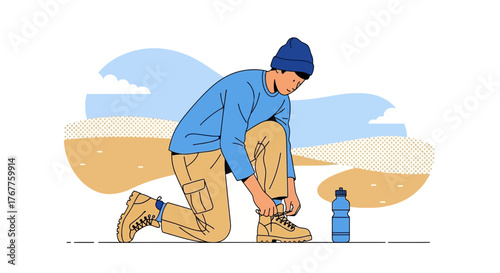 Adventurous Man Kneeling Down To Tie His Shoe, Preparing For An Hike Outdoors