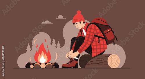 Adventurous Hiker Preparing For Trek Near Campfire In Nature With Backpack Ready