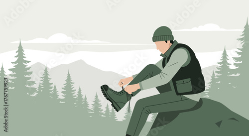 Adventurous Hiker Preparing For Trekking In Green Scenic Mountainous Wilderness