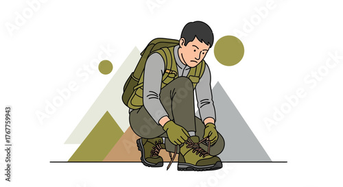 Adventurous Hiker Preparing For Trekking, Tying Boot Laces Before Starting Journey