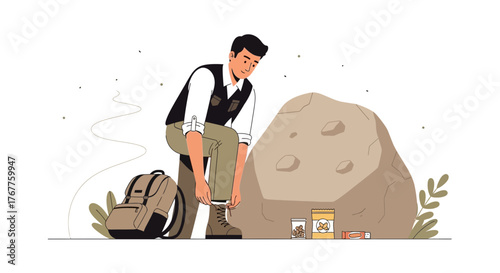 Adventurous Man Prepares For Hiking Path, Packing Food And Getting Ready For Outdoors Exploration