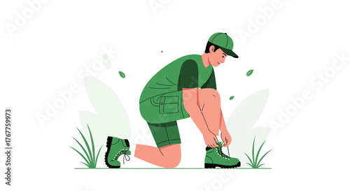 Adventurous Person in Green Gear Tying Shoe Laces Before A Hike In A Natural Setting