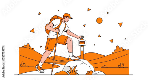 Adventurous Hiker Reaches Trail Marker to Continue Mountain Exploration Journey