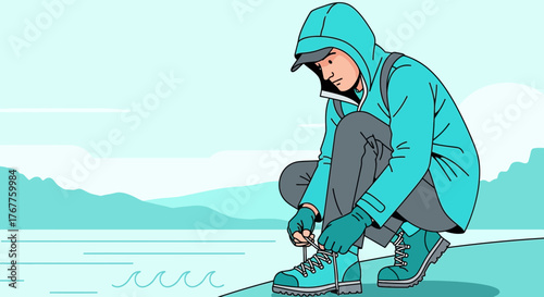 Adventurous Person in Turquoise Apparel Readying Hiking Boots for Outdoor Activities