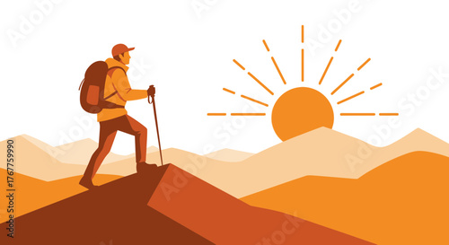 Adventurous Hiker Reaching The Summit At Sunrise Over Gentle Mountain Landscape
