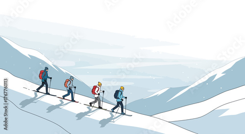 Adventurous Skiing Expedition Ascending Misty Snowy Mountain Peaks In Winter Scenery