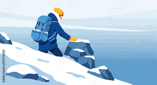 Adventurous Traveler Ascending Mountain, Facing Frozen Landscape in Winter Season