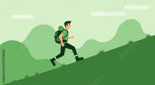 Adventurous Traveler Ascends a Green Hill With Backpack on a Hiking Expedition