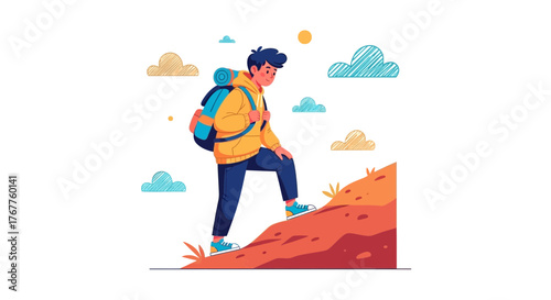 Adventurous Traveler Ascends Mountain in Colorful Artistic Illustration of Tourism