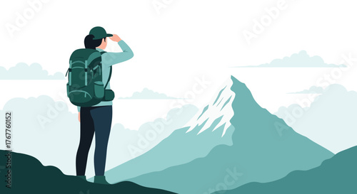 Adventurous Hiker Standing and Gazing Towards Mountain Peak in Scenic Landscape View