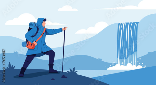 Adventurous Hiker Standing in Mountain Landscape by a Stunning Cascading Waterfall