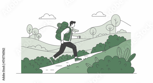 Adventurous Traveler Ascends Mountain Path With Backpack Amidst Serene Wilderness