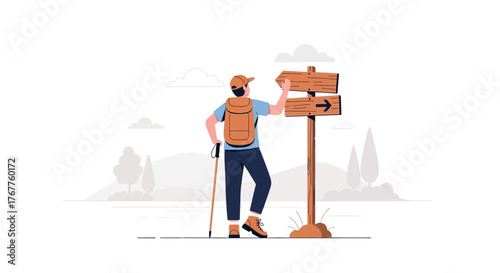 Adventurous Traveler Choosing Direction On Wooden Signpost During Hike Adventure