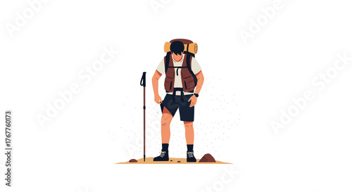 Adventurous Hiker Standing Ready for Mountain Trekking Journey on White Backdrop