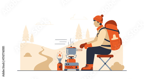 Adventurous Traveler Cooking Outdoors Over Camp Stove During Expedition in Nature