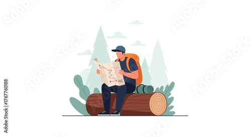 Adventurous Traveler Consults Map While Resting On Log Near Forest Trees Silhouette