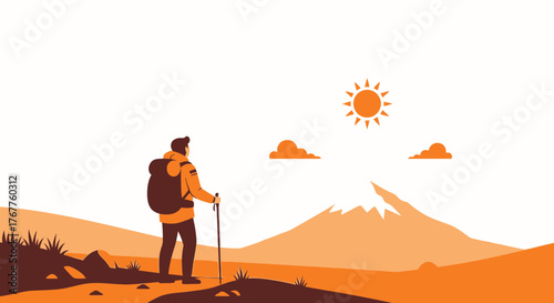 Adventurous Traveler Gazing At Distant Mountainside Under A Stunning Summer Sunrise