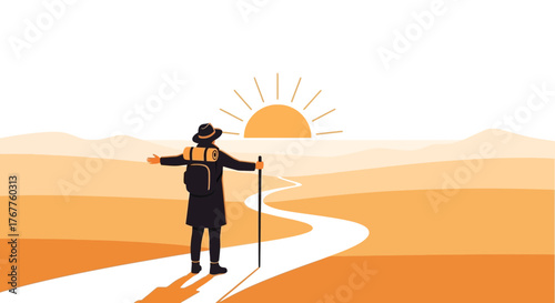 Adventurous Traveler Gazing At The Horizon On A Road To Adventure And Exploration