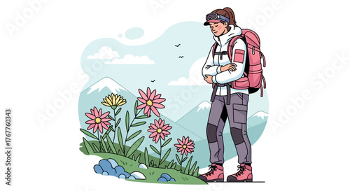 Adventurous Traveler Gazing At Wildflowers In Mountainous Landscape