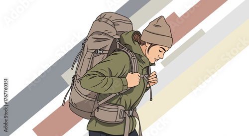 Adventurous Traveler Heading Outdoors With A Large Backpack In Pop Art Style