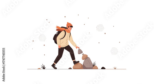 Adventurous Traveler Hiking a Rocky Terrain Scene, Outdoor Exploration Journey