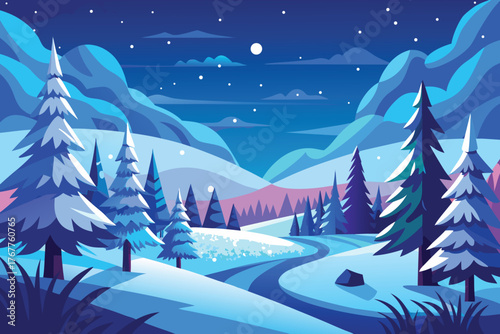 Stylized winter landscape with snow covered trees and mountains