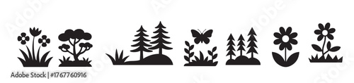 black silhouette icons set featuring deer trees butterflies 
