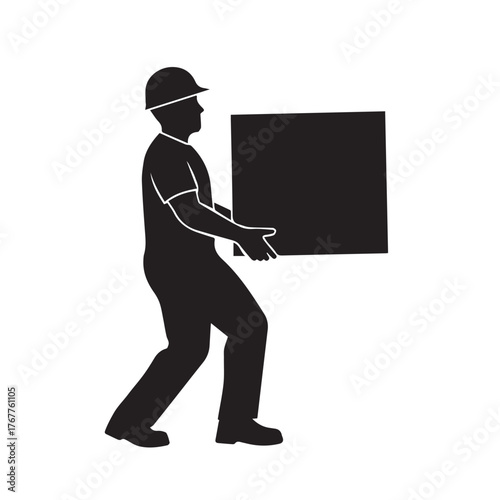 Silhouette of a construction worker carrying a box isolated on white background the worker is wearing a hard hat and work clothes, and is carrying a heavy box in his arms