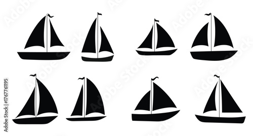 Yacht, sailboats set. Black silhouette isolated on white background. Stock vector illustration.