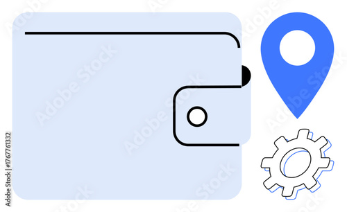 Wallet icon with clasp, blue geo-location marker, and gear for settings adjustment. Ideal for finance, travel, technology, navigation, personalization security and digital tools. Simple flat