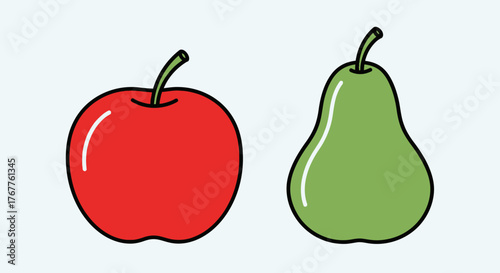 Vibrant Red Apple and Green Pear Fruit Illustration.