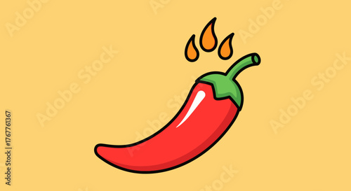 Vibrant Red Chili Pepper with Fiery Flames Illustration.